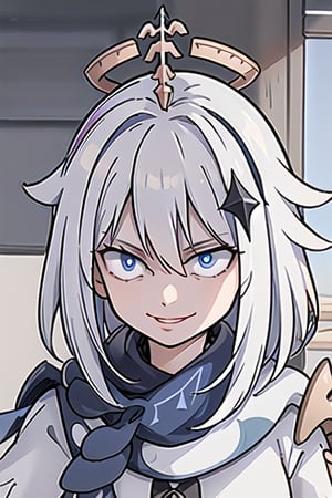 paimon_genshin,only face, short white hair, open blue eyes, villainous smile, blue scarf, white clothing, sunset school,just_as_planned meme