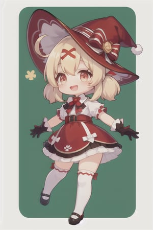 full body, chibi style klee, short hair, hair tied in pigtails, open eyes, open mouth, happy, blush, red witch hat, white shirt, white short sleeves, red bow, black and red gloves, red dress, long stockings white, day forest background