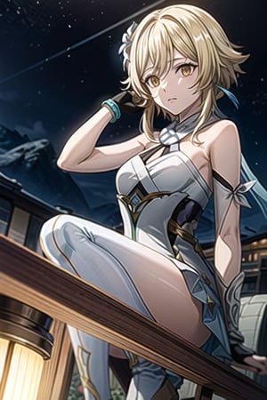 lumine_(genshin impact),Sleeveless white dress with a scarf and two layers of train,She also wears bracelets and gloves that cover only the thumb, with white socks and boots, flower in her hair, blonde hair, short hair, open eyes, golden eyes, closed mouth, night mountain,perfect light,