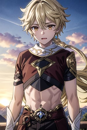 aether_(genshin impact),blonde hair, with a small strand sticking out at the top, long hair tied, eyes open, golden eyes, mouth closed, sunrise on the mountain,perfect light