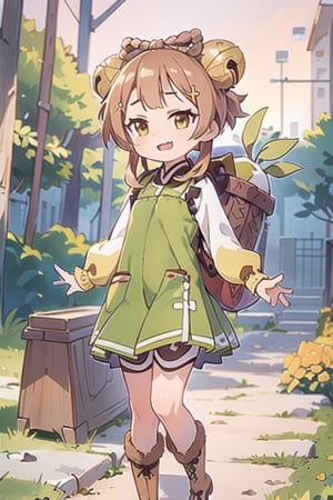 yaoyao_genshin,open mouth smug,green dress, long white sleeves, small brown boots, short hair, hair with bell decorations in hair, forest at sunset,high quality,1girl