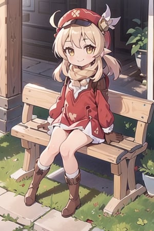 klee_genshin, smug,red dress complete with a bench, long sleeves, a light brown scarf, light brown gloves, tall dark brown boots, a pair of white stockings sticking out of her boots, red hat, sunset forest,high quality,1girl