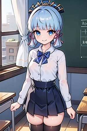 ayaka_genshin,yandere expression,light blue hair,eyes open,smile,mouth closed, school uniform, white shirt short black skirt, long black stockings,school classroom , Best Quality