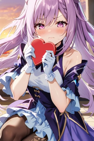 medium body, violet keqing hair, violet eyes, open eyes, closed mouth, tsundere expression, blushing cheeks, hands holding a heart shaped candy box, violet dress, gloves, pantyhose, sunset, great detail