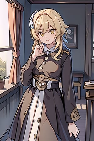 lumine_genshin,blonde hair, yellow eyes, smile, closed mouth, military uniform,sunset,high_resolution,