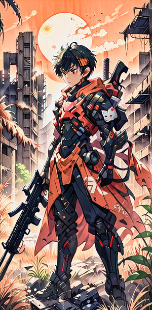 Retro-styled illustration of a lone, short-haired boy with bangs, dressed in post-apocalyptic attire, carrying a rifle and exuding determination. Against the backdrop of a ruined city, now reclaimed by vegetation, he stands out against the warm orange hues of the setting sun. The halftone effect adds texture, while the Ghibli-inspired anime style captures the nostalgic essence of 1980s-1990s animation. Solarpunk undertones evoke hope and resilience in the face of desolation.

The background ruins are filled with vegetation.,Ukiyo-e,cyberpunk style