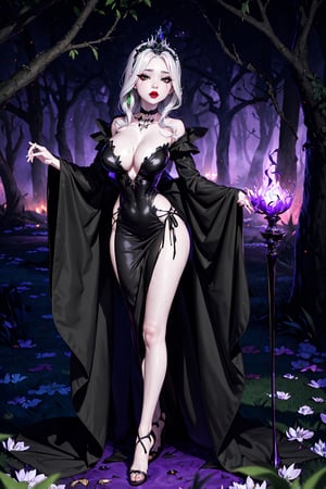 Here's a masterpiece-level image prompt:

A wicked queen stands tall amidst a twisted, corrupted forest at nightfall, her very loose and tight-fitting black dress with bone-shaped decorations and frills shimmering in the purple sky. Her tiara, shaped like white bone horns, glints with an otherworldly sheen. Her eyes, devoid of pupils, stare emptily into the distance, a dull, corrupted gaze mirroring her mad, evil smile. The trees' thick trunks and rough bark loom behind her, their branches twisted like grasping fingers. Corrupted energy crackles through the air as she coughs, her long sleeves fluttering with each labored breath. Her skin glows with an eerie light, as if infused with dark magic. The forest floor, a tapestry of corruption, stretches out before her like a grave. full body