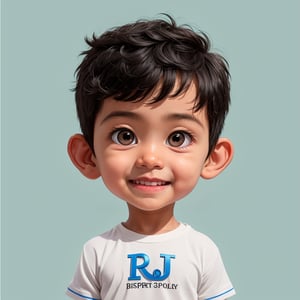 medium shot of RJ, modisn disney (disney pixar style:1.2) (cute adorable boy:1.1) (kid age 3:1.25), a beaming 3-year-old Indonesian boy with black hair and brown skin, smilling happy expression, wearing a crisp white T-shirt with the title 'RJ' and sport shoes, disney pixar style