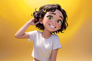 A bright yellow background sets the scene for a joyful Disney-Pixar inspired portrait of a smiling young girl with short, curly brown hair and a simple white shirt. wears white shoes, She wears black hair clips and has a warm, sunny disposition. Her smile stretches from ear to ear as she poses confidently in front of a clean, minimal backdrop. Her bright eyes sparkle with excitement, and her outfit is completed by a pair of crisp white shoes.