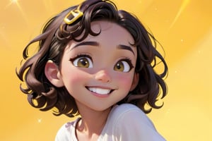 A bright yellow background sets the scene for a joyful Disney-Pixar inspired portrait of a smiling young girl with short, curly brown hair and a simple white shirt. She wears black hair clips and has a warm, sunny disposition. Her smile stretches from ear to ear as she poses confidently in front of a clean, minimal backdrop. Her bright eyes sparkle with excitement, and her outfit is completed by a pair of crisp white shoes.