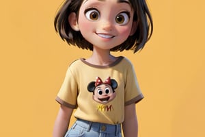 short hair, smile mouth, kids girl, simple background, brown hair, shirt, black hair, yellow background, full body, portrait, disney pixar style
