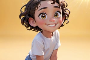 A bright yellow background sets the scene for a joyful Disney-Pixar inspired portrait of a smiling little boy with short, curly brown hair and a simple white shirt. He wears white shoes, He wears black hair clips and has a warm, sunny disposition. Her smile stretches from ear to ear as him poses confidently in front of a clean, minimal backdrop. Her bright eyes sparkle with excitement, full length portrait, full body