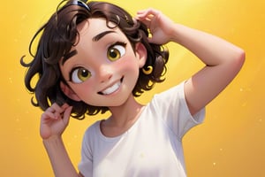 A bright yellow background sets the scene for a joyful Disney-Pixar inspired portrait of a smiling young girl with short, curly brown hair and a simple white shirt. She wears black hair clips and has a warm, sunny disposition. Her smile stretches from ear to ear as she poses confidently in front of a clean, minimal backdrop. Her bright eyes sparkle with excitement, and her outfit is completed by a pair of crisp white shoes.