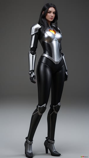 Beautiful tall woman in robotic armor with super realistic and well detailed black hair.