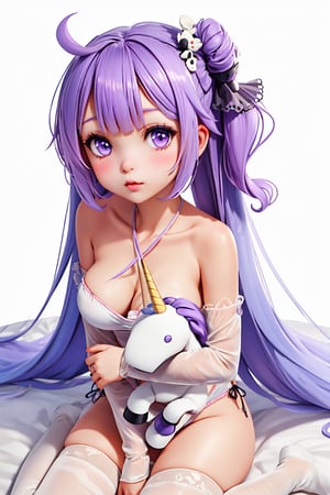 loli, loliface, female child, young and cute loli, unicorn_(azur_lane), strapless_bikini, purple_eyes, stuffed_toy, blush