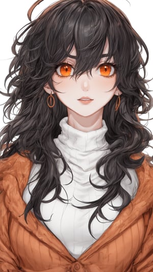 1girl, beautiful face, earrings, (portrait photoshot), wearing (orange turtleneck sweater:1.2) up to her chin, short dark hair, (simple plain background),pimple