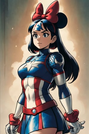 photo realistic, full body (Minnie Mouse), dressed in a very tight Captain America suit, black hair, long wavy hair (tetradic colors), no mask, night city background, inkpunk, full shot, cel-shading style, centered image, ultra detailed illustration, ink lines, strong contours, art nouveau, MSchiffer art, bold strokes, no frame, high contrast, cellular shading, vector, 32k resolution, best quality, procreation, watercolor technique, poster design, 300dpi, soft lighting, ethereal art, mysterious and serene expression, charming atmosphere, bokeh, photography, 8k, dark and dynamic action, pale faded style, dreamy nostalgic, soft focus, dark vignetting, light leaks, medium photography, art painting of shadows, ethereal photography, whimsical and rough grain