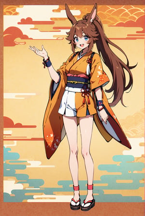 BREAK,1girl,rabbit girl,solo, full body, looking at viewer, standing, hand up, hand on waist, light makeup, , long hair, brown hair,brown hair,ponytail,blue eyes,furry,japanese clothes,wristbands,obi,short sleeves,shorts,open mouth, smile, :), big breasts, medium breasts, outdoors, full body view, whole body view, bright colors, traditional clothing, short traditional japanese clothes, traditional japanese background,shorts,source_anime,rabbit girl