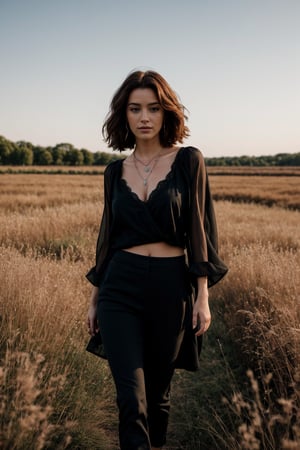 A woman standing in a field of tall grass and flowers with a gothic style and a smile. She has long, wavy dark hair blowing in the wind and light makeup with a hint of dark lipstick. She is wearing a sheer black blouse with intricate lace details and a deep V-neck, paired with high-waisted dark pants. She is adorned with dangling earrings and layered silver necklaces. The scene has a soft, warm glow with a blurred background, highlighting the woman's serene and elegant presence amidst the natural surroundings. A dreamy dimensional drifter floats ethereally in a watercolor painting, their form indistinct yet mesmerizing. The image is a vivid and surreal depiction, blending shades of pastel blues, pinks, and greens to create an otherworldly atmosphere. The drifter's flowing robes trail behind them like wisps of smoke, adding a sense of movement to the serene scene. The artist's skill is evident in the delicate brushstrokes and subtle blending of colors, resulting in a truly captivating,perfect split lighting,photorealistic,poakl