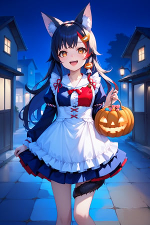 ((score_9,score_8_up,score_7_up,source_anime,))
BREAK
((1girl, solo, mio_base, long hair, hair ornament, tail wrap, tail around leg, french maid costume,))
BREAK
((1girl, smiling, mouth open, standing, facing viewer, holding a jack-o-lantern full of candy)) 
BREAK
((medium full shot, night, empty neighborhood,))