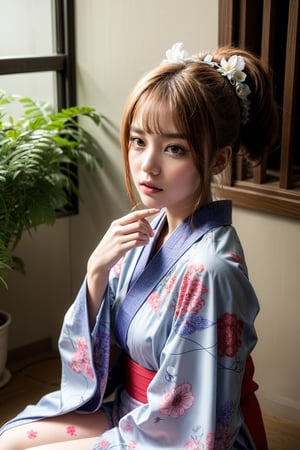 score_9, score_8_up, KazamaIroha, realistic  girl, a beautiful girl, hair ornament, hairband, ponytail, indoors, kimono, hair flower, floral print, wariza, sitting, ,photorealistic,poakl