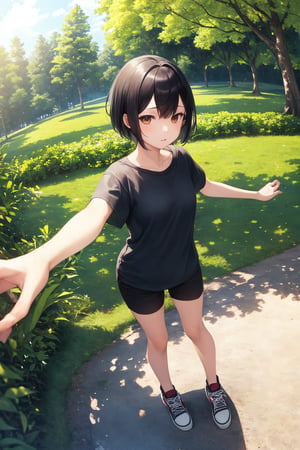 (masterpiece), best quality, 1girl, solo, black hair, short hair, brown eyes, BREAK blue shirt, short sleeve, BREAK black pants, sneakers, standing, outdoor, grass, trees, sun, from above, [fisheye lens::3]