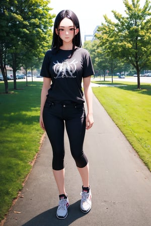 (masterpiece), best quality, highly detailed, 1girl, mature female, black hair, long hair, straight hair, forehead, black eyes, shirt, short sleeve, gothic pants, sneakers, standing, outdoor, grass, [fisheye lens:: 1]