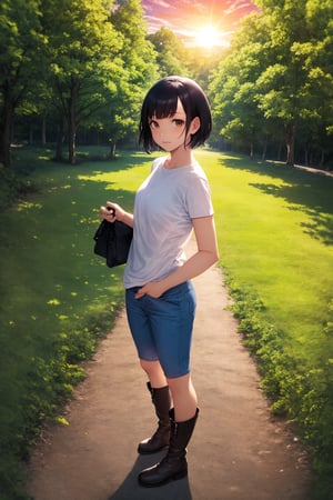 (masterpiece), best quality, 1girl, solo, black hair, short hair, brown eyes, shirt, short sleeve, blue pants, boots, standing, outdoor, grass, trees, sunset, sun, [fisheye lens::3]