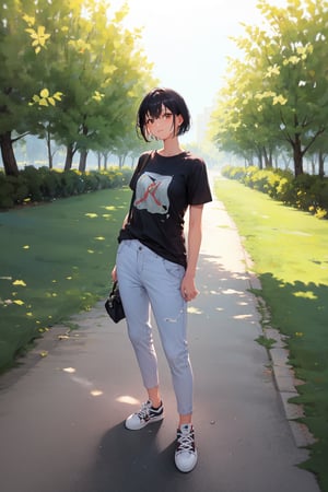 (masterpiece), best quality, 1girl, solo, black hair, short hair, brown eyes, BREAK shirt, short sleeve, BREAK skinny pants, sneakers, standing, outdoor, grass, trees, [fisheye lens::3]