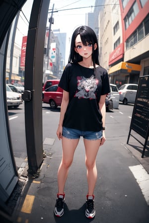 (masterpiece), best quality, highly detailed, 1girl, mature female, black hair, long hair, straight hair, forehead, black eyes, shirt, short sleeve, shorts, sneakers, standing, outside, [fisheye lens:: 1]