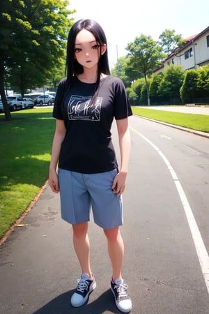 (masterpiece), best quality, highly detailed, 1girl, mature female, black hair, long hair, straight hair, forehead, black eyes, shirt, short sleeve, trousers, sneakers, standing, outdoor, grass, [fisheye lens:: 3]