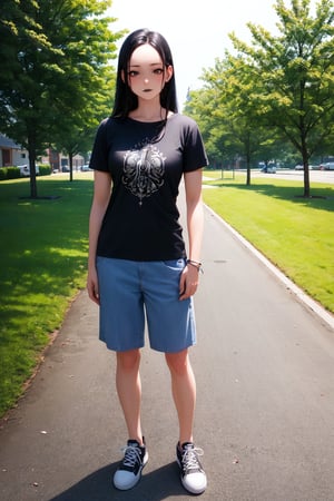 (masterpiece), best quality, highly detailed, 1girl, mature female, black hair, long hair, straight hair, forehead, black eyes, shirt, short sleeve, trousers, sneakers, standing, outdoor, grass, [fisheye lens:: 3], Gothic art 