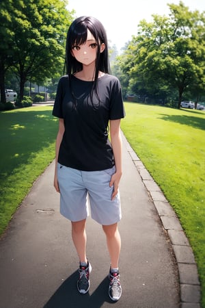 (masterpiece), best quality, 1girl, solo, (gothic), black hair, long hair, straight hair, brown eyes, serene expression, shirt, short sleeve, pants, sneakers, standing, outdoor, grass, [fisheye lens:: 1]