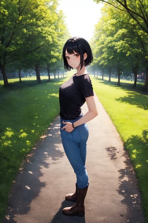 (masterpiece), best quality, 1girl, solo, black hair, short hair, brown eyes, shirt, short sleeve, blue pants, boots, standing, outdoor, grass, trees, sun, [fisheye lens::3]