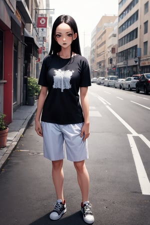 (masterpiece), best quality, highly detailed, 1girl, mature female, black hair, long hair, straight hair, forehead, black eyes, shirt, short sleeve, pants, sneakers, standing, outside, [fisheye lens:: 1]