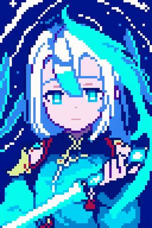 high definition, detailed, high quality, masterpiece, beautiful (close up detail) a girl, alone, shenhe from genshin impact, heroic position, (open eyes, white hair, cyan blue eyes) underground in a dark cave, in his left hand a torch, where detailed, night,Pixel art