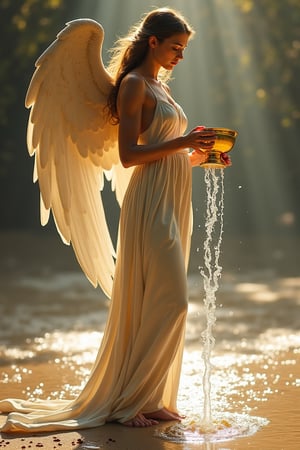 An angel with long wings, standing, hé two hands holding a golden cup and a silver cup, pouring and mixing eternal fluid one cup to another, her one feet in water and another feet on sand, dramatic lighting, masterpiece 