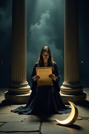 A dramatic scene depicting the theme of tarot card 2 The High Priestess, featuring a serene woman seated between two pillars, holding a scroll and a crescent moon at her feet. The lighting is dramatic, with a spotlight on the High Priestess figure and dim, shadowy light surrounding the pillars. The composition is balanced, with the High Priestess at the center and the pillars on either side, creating a sense of mystery and wisdom. The scene is filled with symbolic elements, such as the scroll and the moon, emphasizing the themes of intuition and hidden knowledge.