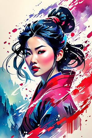 Mulan from movie, ,iconographic, glitch background, , watercolor, ink, mist, interactive image, highly detailed, art style by Clayton Crain + Ross Tran + Rachel Walpole + Jeszika Le Vye + Dan Volbert + Simon Stalenhag + Brian Stelfreeze