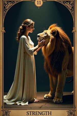 A dramatic scene depicting the theme of tarot card 11 Strength, featuring a serene woman gently closing the mouth of a powerful lion. The lighting is dramatic, with a spotlight on the woman and the lion, casting deep shadows around them. The composition is balanced, with the woman at the center and the lion beside her, creating a sense of harmony and control. The scene is filled with symbolic elements, such as a flowing cape and a crown, emphasizing the themes of inner strength and compassion.