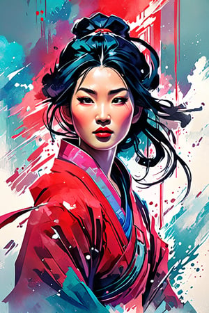 Mulan from movie, ,iconographic, glitch background, , watercolor, ink, mist, interactive image, highly detailed, art style by Clayton Crain + Ross Tran + Rachel Walpole + Jeszika Le Vye + Dan Volbert + Simon Stalenhag + Brian Stelfreeze