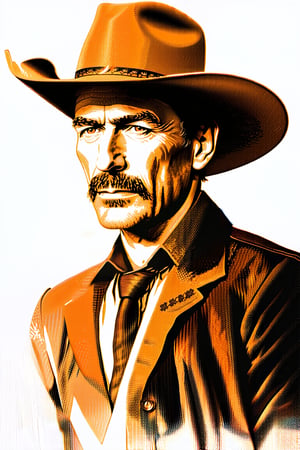 1Cowboy, lee van Cleef, portrait, face and burst, the good the bad and the Ugly, John singer sergeant style, background half white half reddish sepia, grunge brush strokes , masterpiece, best quality, high resolution,1girl