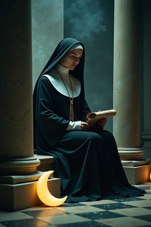 A dramatic scene depicting the theme of tarot card 2 The High Priestess, featuring a serene woman looks like a nun wearing a hat with crescent moon shape seated between two black and white pillars, holding a scroll and a crescent moon at her feet. The lighting is dramatic, with a spotlight on the High Priestess figure and dim, shadowy light surrounding the pillars. The composition is balanced, with the High Priestess at the center and the pillars on either side, creating a sense of mystery and wisdom. The scene is filled with symbolic elements, such as the scroll and the moon, emphasizing the themes of intuition and hidden knowledge.