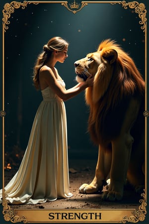 A dramatic scene depicting the theme of tarot card 11 Strength, featuring a serene woman gently closing the mouth of a powerful lion. The lighting is dramatic, with a spotlight on the woman and the lion, casting deep shadows around them. The composition is balanced, with the woman at the center and the lion beside her, creating a sense of harmony and control. The scene is filled with symbolic elements, such as a flowing cape and a crown, emphasizing the themes of inner strength and compassion.