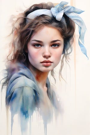 Whispers of Youth: A watercolour portrait of a young woman with a ribbon adorning her head, set against a roughly, dreamy background. Loose brush strokes dominate the composition, as Windsor and Newton colours blend and bleed across cold pressed white paper. The figure's delicate features are rendered with a Mob brush, while sketch -like details are captured with a small pointed brush. Background is painted roughly creating grunge texture . Use wet on wet and dry brush techniques. Colours blending should be unpredictable spreading to all directions.