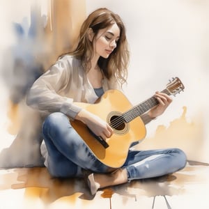 Beautiful girl 1, sitting on floor,
Watercolour wash, painting, playing guitar, dripping color, line and wash, bold brush,