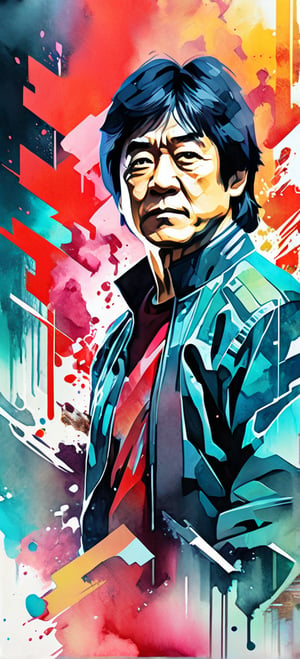 Jackie Chan, iconographic, glitch background, , watercolor, ink, mist, interactive image, highly detailed, art style by Clayton Crain + Ross Tran + Rachel Walpole + Jeszika Le Vye + Dan Volbert + Simon Stalenhag + Brian Stelfreeze