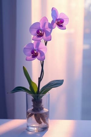 A delicate lavender orchid with slender stem rises from a transparent glass vase, bathed in the soft, golden warmth of sunlight filtering through the background. The gentle curves of the flower and leaves are rendered in rich, velvety brushstrokes, set against a subtle gradient of blues and purples, evoking a sense of serenity.,floricolor,dressandhijab