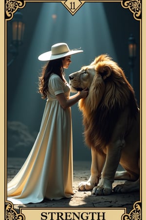 A dramatic scene depicting the theme of tarot card 11 Strength, featuring a serene woman put on a big hat which seems like infinity sign,gently closing the mouth of a powerful lion. The lighting is dramatic, with a spotlight on the woman and the lion, casting deep shadows around them. The composition is balanced, with the woman at the center and the lion beside her, creating a sense of harmony and control. The scene is filled with symbolic elements, such as a flowing cape and a crown, emphasizing the themes of inner strength and compassion.