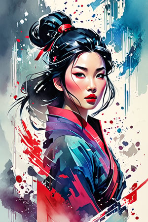 Mulan from movie, ,iconographic, glitch background, , watercolor, ink, mist, interactive image, highly detailed, art style by Clayton Crain + Ross Tran + Rachel Walpole + Jeszika Le Vye + Dan Volbert + Simon Stalenhag + Brian Stelfreeze